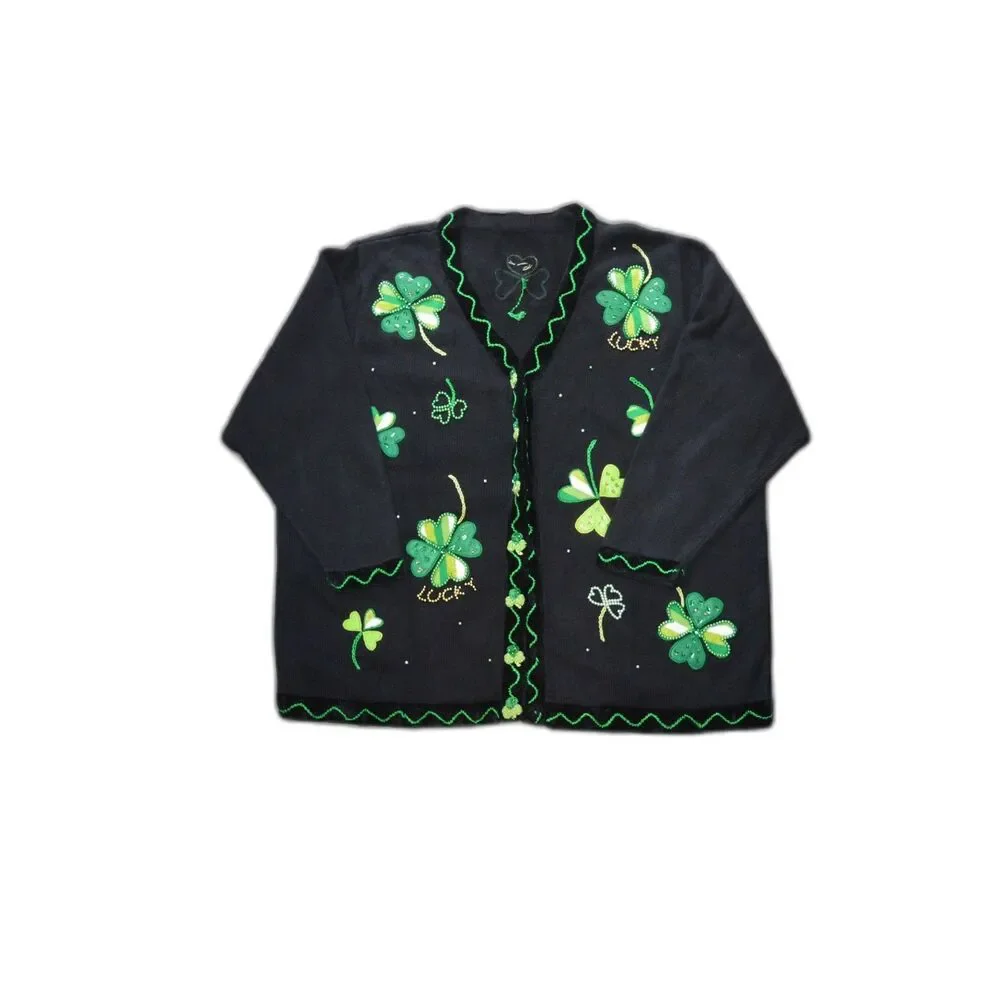 Vintage Quacker Factory Sweater Cardigan XL Plus Shamrock St Patrick's Day Irish